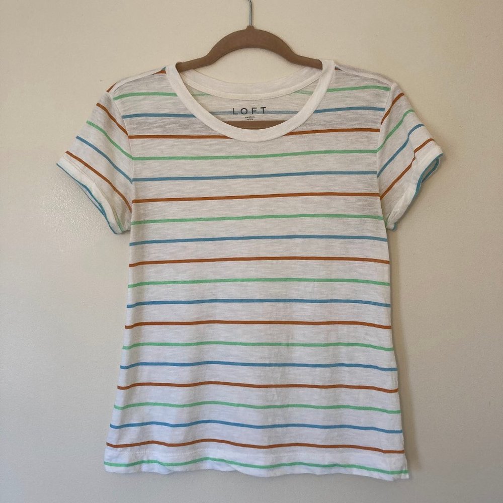 LOFT Multicolor Striped White Tee